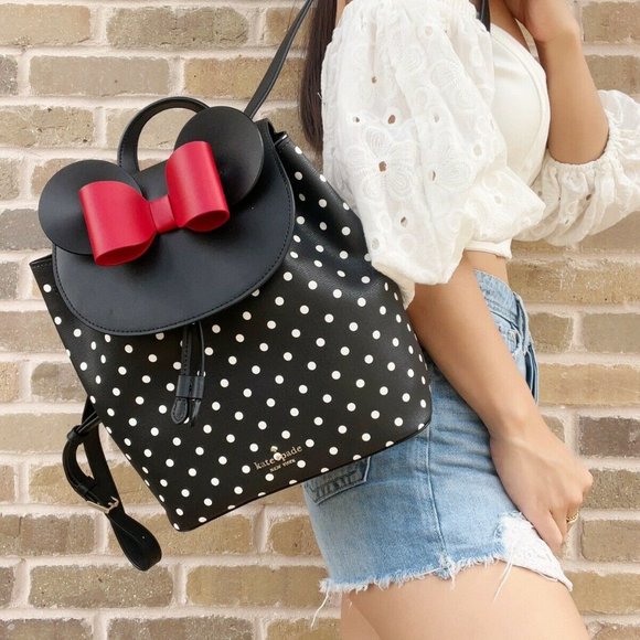 Disney x Kate Spade New York Minnie Mouse Drawstring Flap Backpack Black Dot Bow - Picture 3 of 6